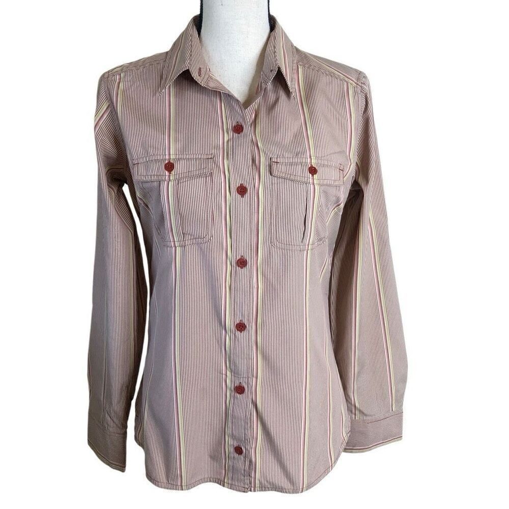 Patagonia La Reina White and Rust Striped Gorpcore, Casual Blouse Size 4